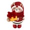 Cheerful watercolor christmas teddy bear in santa hat and festive outfits with gift box.Whimsical holiday animal clipart