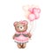 Cheerful watercolor cute baby girl teddy bear with balloon clipart