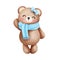 Cheerful watercolor cute baby teddy bear in blue scarf and bow illustration