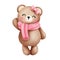 Cheerful watercolor valentine cute baby teddy bear in pink scarf and bow illustration