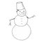 Cheerful winter snowman made of snow, hand branches. Hand-drawn character in doodle style for coloring books. Vector image on whit