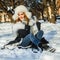 Cheerful winter woman in white hat outdoor