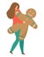 Cheerful woman character hold christmas gingerbread man, female walk xmas mood cartoon vector illustration, isolated on