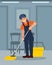 Cheerful woman cleaning floor in corridor. Young girl working uniform. Colorful flat vector illustration