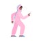 Cheerful woman dancing in kigurumi overall cartoon vector illustration isolated.