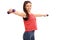 Cheerful woman exercising with dumbbells