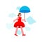 Cheerful woman flies on an umbrella. Vector illustration