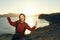 cheerful woman hiker rocky mountains landscape sunset fresh air