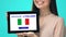 Cheerful woman holding tablet with learn Italian language test, educational app