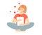 Cheerful woman in lotus pose holding tablet with flying hearts, getting lots of likes or dating online. Isolated on