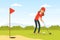 Cheerful Woman Playing Golf Hitting Ball into Hole with Club Vector Illustration