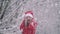 Cheerful woman pulls on branch of tree, snow flies on her and she is happy rejoices winter and cold weather. Girl in red