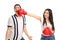 Cheerful woman punching her boyfriend