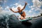 Cheerful woman riding on wave sitting on surfboard with raising arms