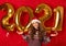 Cheerful woman in Santa hat and knitted sweater celebrating New Year on red background with golden 2021 balloons