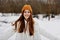 cheerful woman Walk in winter field landscape outdoor entertainment winter holidays