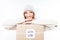 Cheerful woman in warm hat and scarf with package congratulate with xmas