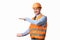 Cheerful Worker Holding Invisible Building Gesturing With Hands, White Background