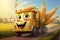 A cheerful yellow animated truck is carrying corn