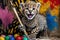 Cheerful Young Cheetah Cub Playing with Colorful Easter Eggs and Paint Stick