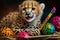 Cheerful Young Cheetah Cub Playing with Colorful Easter Eggs and Paint Stick