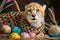 Cheerful Young Cheetah Cub Playing with Colorful Easter Eggs and Paint Stick