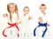 Cheerful young children to sit in a ceremonial kimono karate pose and hit a punch