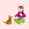Cheerful Young Girl Eating Cake Slice Or Pastry And Dog Animal On Pink