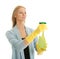 Cheerful young lady spraying cleaner liquid