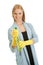 Cheerful young lady spraying cleaner liquid