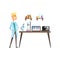Cheerful young scientist in laboratory. Microscope, test tubes, spirit lamp and laptop on table. Books and glassware