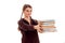 Cheerful young student girl with books in brown sport clothes smiling isolated on white background. student years