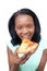Cheerful young woman eating a pizza