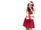 Cheerful young woman in red dress santa holding gift box for christmas isolated on white background.