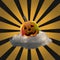 Cheerfull smiling pumpkin flying on fluffy cloud