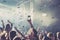 cheering crowd with raised hands and falling confetti at concert - music festival