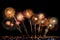 Cheering crowd watching colorful fireworks and celebrating on the beach during festival.