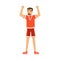 Cheering football fan character in red celebrating the victory of his team vector Illustration