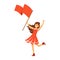 Cheering football fan girl character in red standing and holding red flag vector Illustration