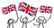 Cheering group of happy stick figures with British national flags, Great Britain supporters smiling and waving Union Jack flags