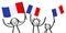 Cheering group of happy stick figures with French national flags, France supporters smiling and waving tricolor flags