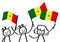 Cheering group of happy three stick figures with Senegalese national flags, smiling Senegal supporters, sports fans
