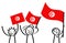 Cheering group of happy three stick figures with Tunisian national flags, smiling Tunisia supporters, sports fans