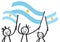 Cheering group of three happy stick figures with Argentinian national flags, smiling Argentina supporters, sports fans