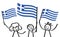 Cheering group of three happy stick figures with Greek national flags, smiling Greece supporters, sports fans