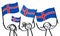 Cheering group of three happy stick figures with Icelandic national flags, smiling Iceland supporters, sports fans