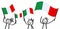 Cheering group of three happy stick figures with Italian national flags, smiling Italy supporters, sports fans