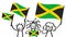 Cheering group of three happy stick figures with Jamaican national flags, smiling Jamaica supporters, sports fans