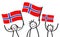 Cheering group of three happy stick figures with Norwegian national flags, smiling Norway supporters, sports fans