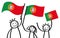 Cheering group of three happy stick figures with Portuguese national flags, smiling Portugal supporters, sports fans